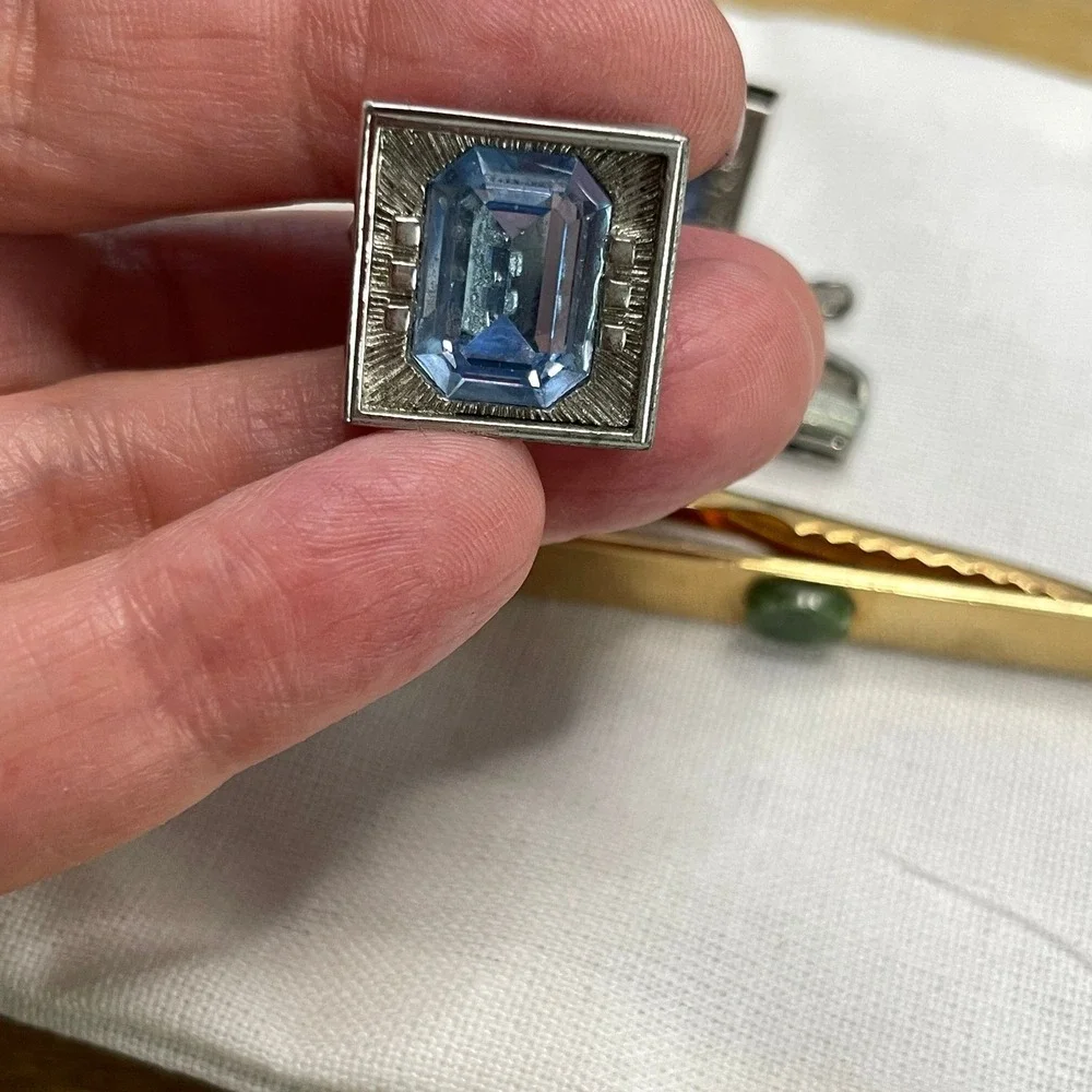 Swank Vintage Assortment Men's Cufflinks and Tie Bar Accessory Set Blue Green